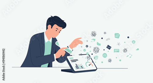 Vector illustration of businessman with laptop and infographic icons