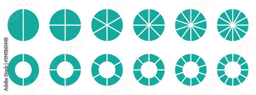 Circle, donut and pie chart infographic elements set, Collection of colorful diagrams with  2, 3, 4, 5, 6, 7, 8, 9,10, sections or steps. Vector illustration isolated on white background. 