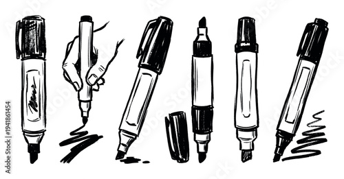 Collection of black marker pens illustrated in a rough, hand-drawn sketch style, showing a hand drawing scribbles, ink blots, and various felt-tip markers with caps