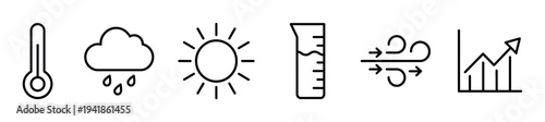 Set of black line weather icons for meteorological forecasts, including a thermometer, rain cloud, sun, rain gauge, wind symbol, and a rising data chart illustration