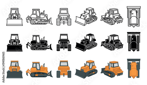 Set of bulldozer construction vehicle illustrations in various styles and angles, including line art, silhouette, and flat color designs from front, side, and top views