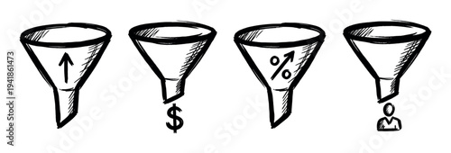 Hand drawn sales funnel icon set with business symbols for marketing, conversion, and profit, illustrated in a simple black and white sketch style for presentations and infographics