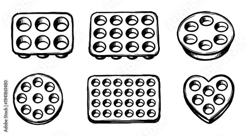 Collection of hand-drawn baking trays for muffins and cupcakes in various shapes, including rectangle, round, and heart, rendered in a simple black and white sketch style