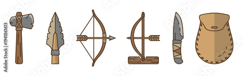 Primitive prehistoric hunting tools and weapons collection including a stone axe, spearhead, bow, arrow, knife, and leather pouch in a simple flat cartoon vector illustration style