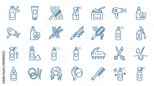 Minimalist line art icons of beauty and hair care products