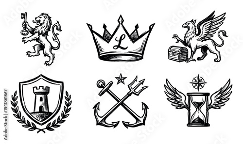 Set of six hand-drawn heraldic symbols featuring a lion with a key, a crown, a griffin, a shield with a tower, crossed anchors, and a winged hourglass in a vintage sketch style