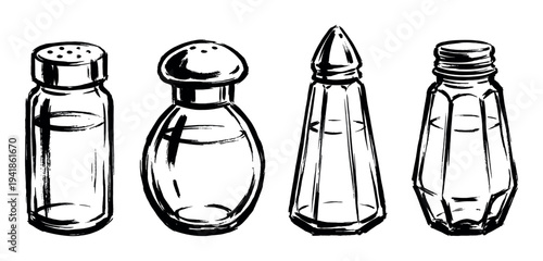 Four glass salt and pepper shakers collection hand-drawn in a black ink brushstroke style, showcasing various classic and modern designs for kitchen and dining table use