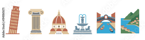 Set of six European landmark icons featuring a leaning tower, ancient column, cathedral dome, fountain, canal bridge, and coastal village in a flat, minimalist vector style