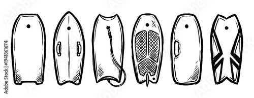 Set of six different hand-drawn bodyboards in a sketchy black and white doodle style showing various designs, shapes, and features for water sports