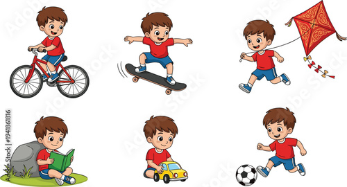 Cute boy playing different activities set including cycling skateboarding kite flying reading and soccer, playful childhood cartoon vector illustration collection