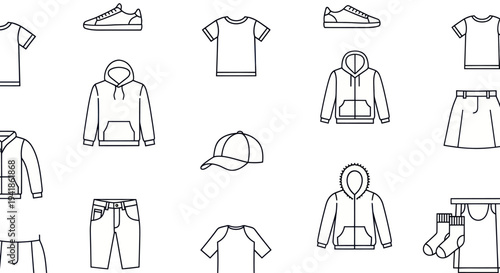 Collection of Various Outlined Clothing Items and Accessories.