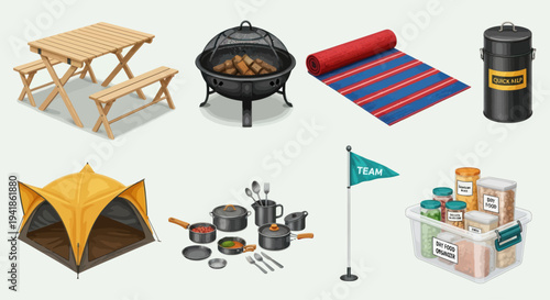 Camping Equipment and Outdoor Gear Assortment.