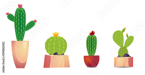 Bright collection of prickly cacti with flowering plants isolated on white background.