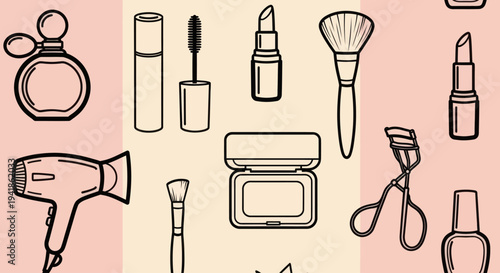 Collection of Cosmetic and Beauty Tools Outlined.