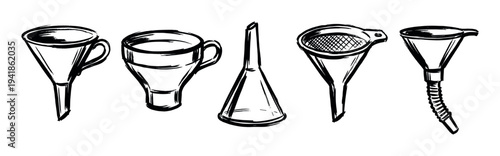 Five different hand-drawn kitchen and garage funnels in a sketchy ink brush style illustration showing various shapes and sizes for pouring liquids