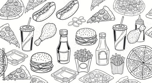 Assorted Fast Food and Beverages Illustration.