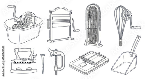 Vintage Cleaning Tools and Household Items Illustration.