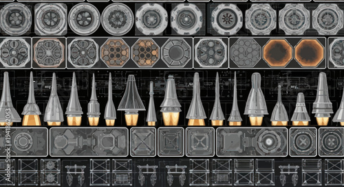 Industrial Nozzles and Fittings on Storage Rack.