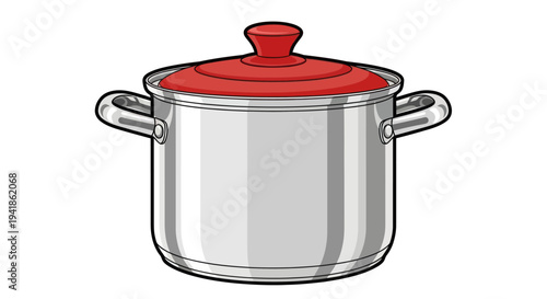 Stainless Steel Pot with Red Lid.