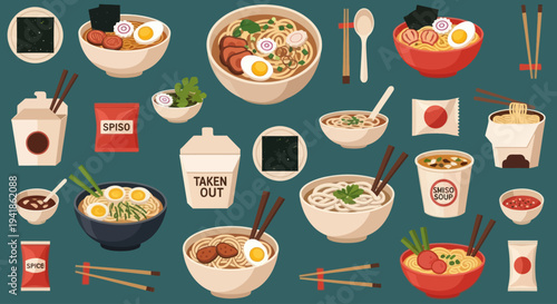 Assorted Ramen Noodle Bowls and Utensils.