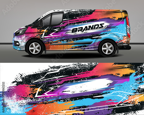 Cargo van wrap design. Graphic abstract stripes in white, purple, orange-yellow, and blue with grunge-style accents and white halftones on a white background for cars, rally cars, and racing vehicles.