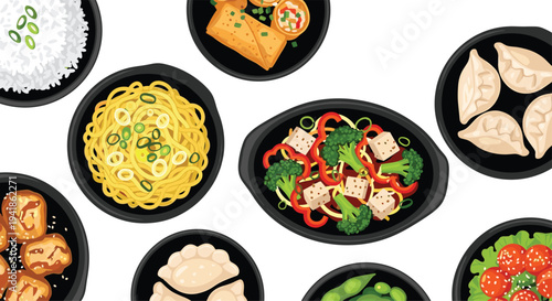 An assortment of Asian cuisine, featuring white rice, noodles, stir-fried tofu, dumplings, and meatballs, is presented in black bowls on a white background.