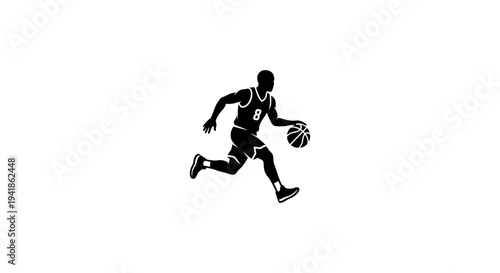 A silhouette of a basketball player in motion on the court