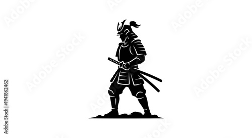 A samurai warrior stands ready in traditional Japanese armor with swords