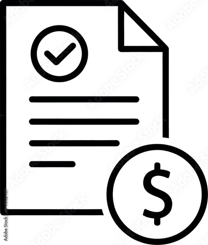 Black and white icon of a document with a checkmark and dollar sign