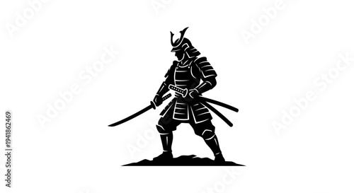 A samurai warrior stands ready in traditional Japanese armor with swords
