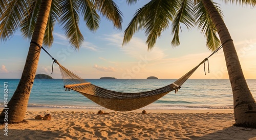 Serene beach scene with hammock between palm trees at sunset