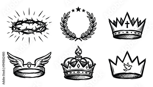 Six distinct hand-drawn crowns and wreaths are illustrated in a rough, sketchy style, symbolizing royalty, victory, and spiritual concepts with unique details