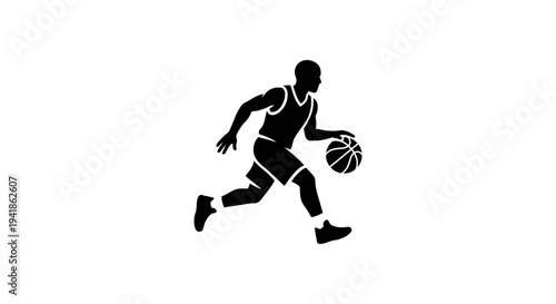 A silhouette of a basketball player in motion on the court