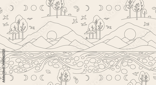 Line Art Landscape with Moon Phases.