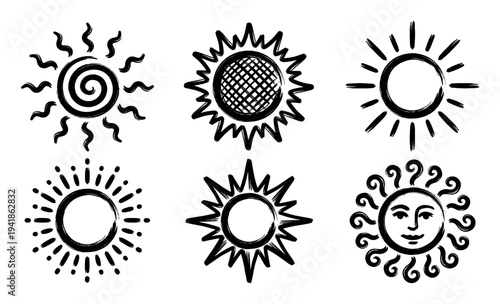Set of six black hand-drawn sun icons featuring various artistic designs like a spiral, a face, and spiky rays in a rough, sketchy brush stroke style