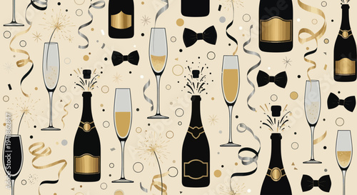 Champagne Bottles and Glasses Celebration Pattern.