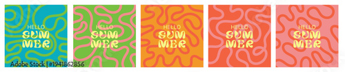 Hello Summer groovy abstract posters with squiggle pattern. Funky organic retro wavy lines background set with hippie typography. Hand drawn vector waves 60s 70s psychedelic pattern