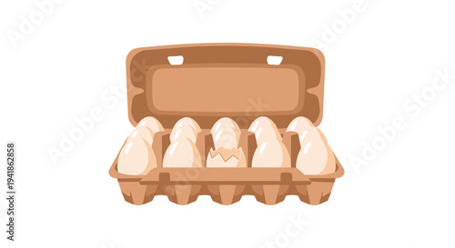 An open light brown cardboard egg carton containing ten light brown eggs, with one egg cracked open, is centered on a pure white background.
