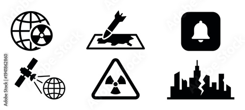 Set of black solid glyph icons representing nuclear war, global threat, and apocalypse concepts, including a radiation symbol, missile strike, destroyed city, and alert notification