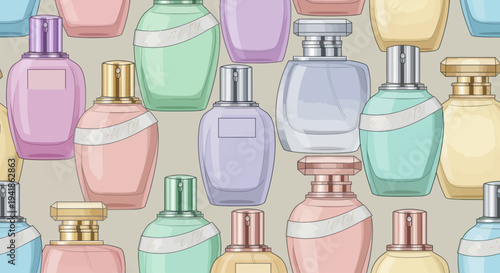 Assorted Perfume Bottles in Pastel Colors.