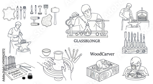 Craftsmen at work with various tools.