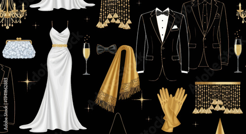 Elegant evening wear and accessories.