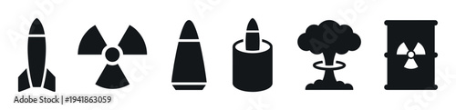 Collection of six black nuclear war icons featuring a missile, radiation trefoil, bomb, ammunition, mushroom cloud, and radioactive waste drum in a minimalist vector graphic style
