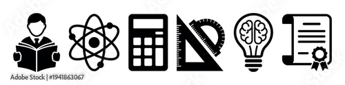 Set of black education and science icons including a student, atom, calculator, ruler, brain lightbulb, and diploma, representing learning, knowledge, and achievement