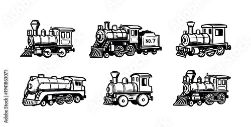 Set of six vintage steam train locomotives in a hand-drawn black and white sketch style, featuring various classic railway engine designs with detailed line art for a retro feel