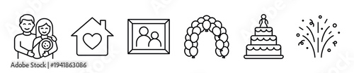 Set of black line icons representing family life events like birth, home, memories, and celebrations with a wedding cake, balloon arch, and fireworks in a minimalist style