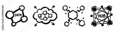 Set of four hand-drawn network icons representing data, cloud computing, decentralized systems, and a central hub, illustrated in a black ink sketch doodle style