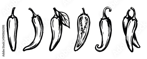 Collection of hand-drawn chili peppers in a black ink brush style, showing various forms including whole, sliced with seeds, and with a leaf, creating a simple graphic food illustration
