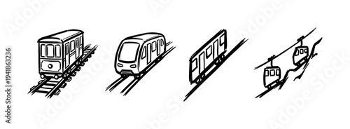 Set of hand-drawn funicular and cable car illustrations in a sketchy black ink style, showing different types of mountain transport like trams and gondola lifts for tourism