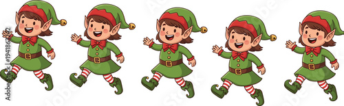 Cute Christmas elf cartoon characters walking poses set, festive holiday helper illustration for winter celebration design